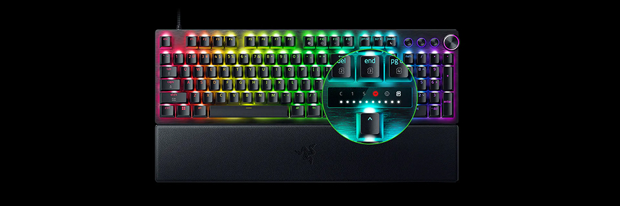 RGB-backlit mechanical keyboard with wrist rest; detailed inset shows macro keys, profile, and indicator lights.